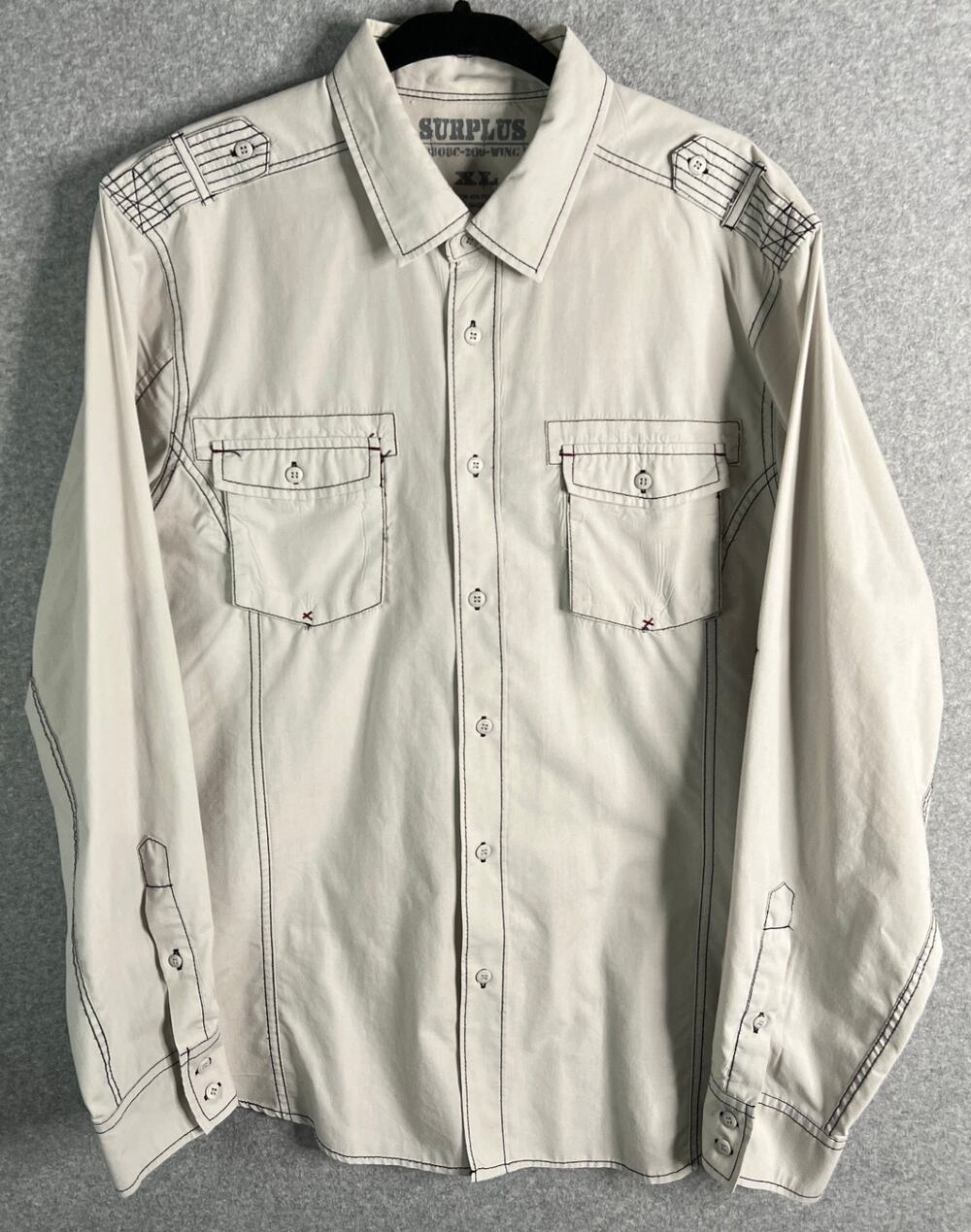 Surplus Mens XL Off White Utility Button Up Shirt Military Roll Tab Long Sleeve